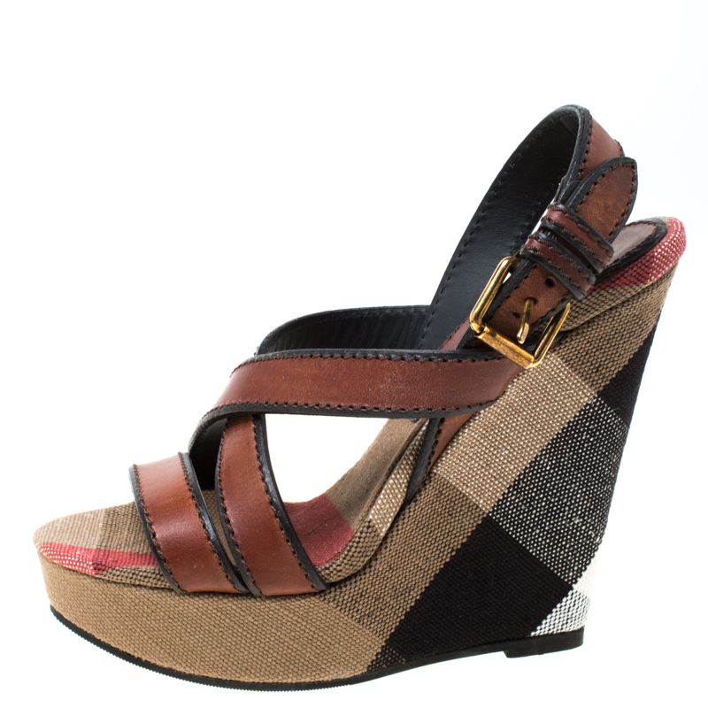 

Burberry Brown Novacheck Canvas and Leather Warlow Platform Wedge Sandals Size