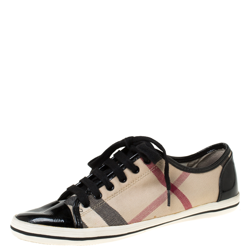 Burberry Beige/Black Nova Check Canvas and Patent Leather Lace Up ...