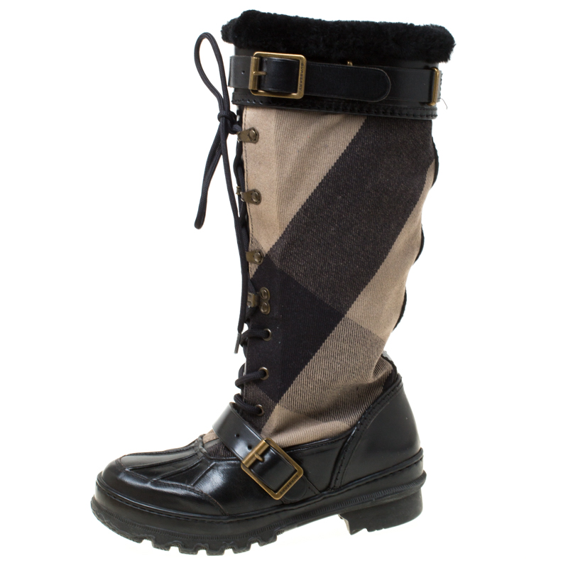 

Burberry Black Leather And Brown Mega Check Canvas Lace Up Fur Lined High Weather Boots Size