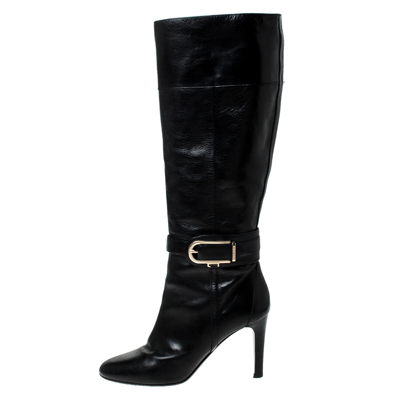 

Burberry Black Leather Buckle Pointed Toe Knee Length Boots Size