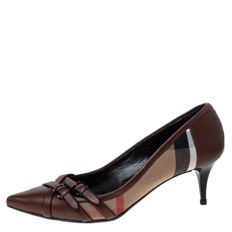 

Burberry Brown Housecheck Canvas and Leather Pointed Toe Buckle Pumps Size