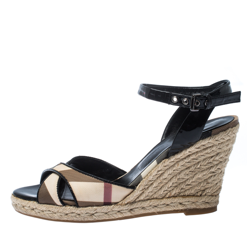 

Burberry Black Patent Leather And Novacheck Canvas Espadrille Wedge Sandals Size 36.5
