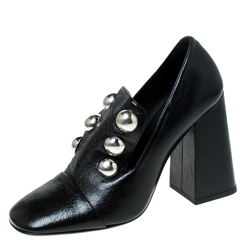 Pre Owned Burberry Black Leather Ambridge Embellished Block Heel Pumps Size 38.5