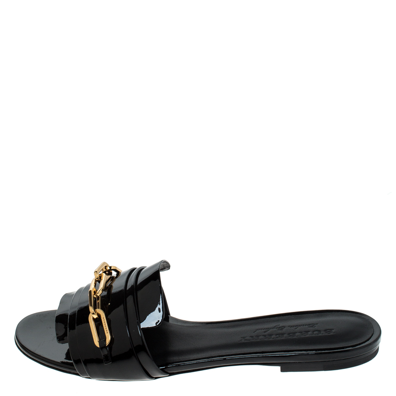 

Burberry Black Patent Leather Chain Detail Slip On Slides Size