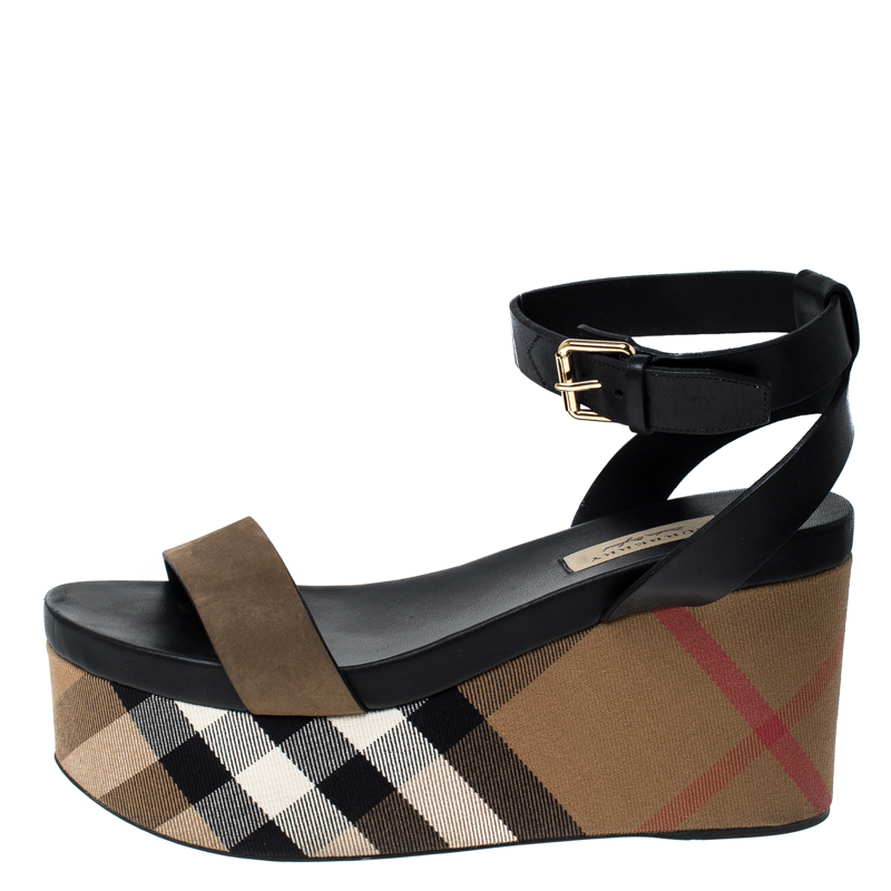 

Burberry Two Tone Nubuck Leather Nuneaton Wedge Platform Ankle Strap Sandals Size, Black