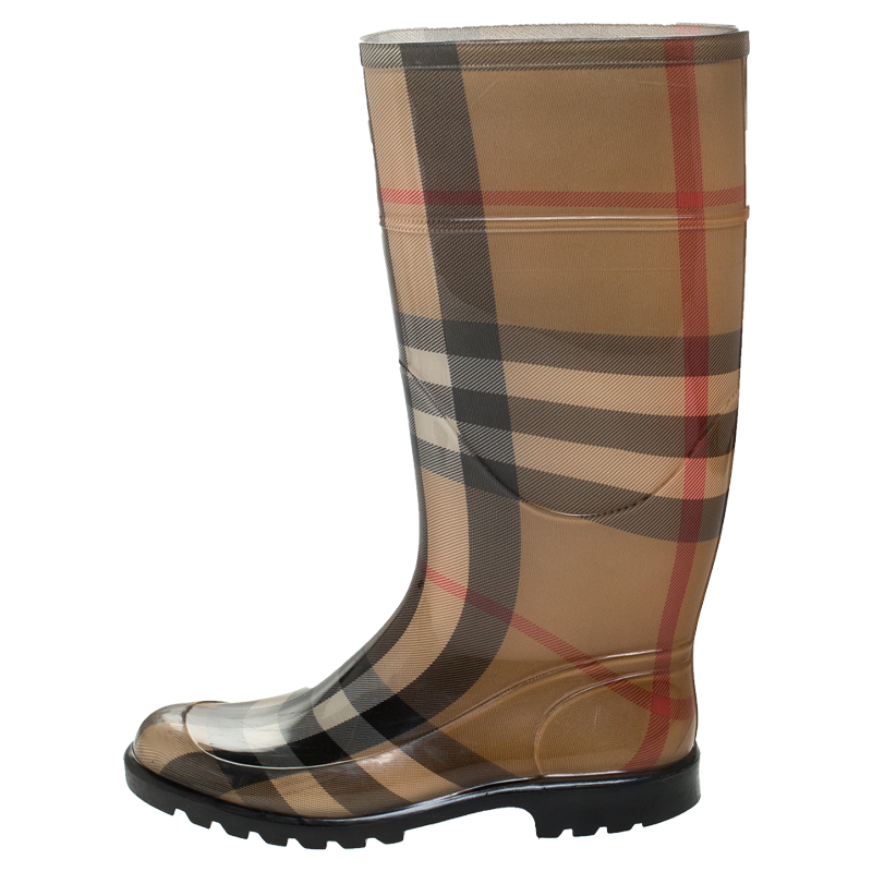 

Burberry Multicolor House Check Rubber Rain Mid Calf Boots Size