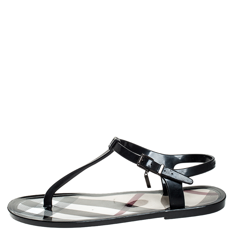 

Burberry Black Nova Check PVC Thong Ankle Strap Flats Size