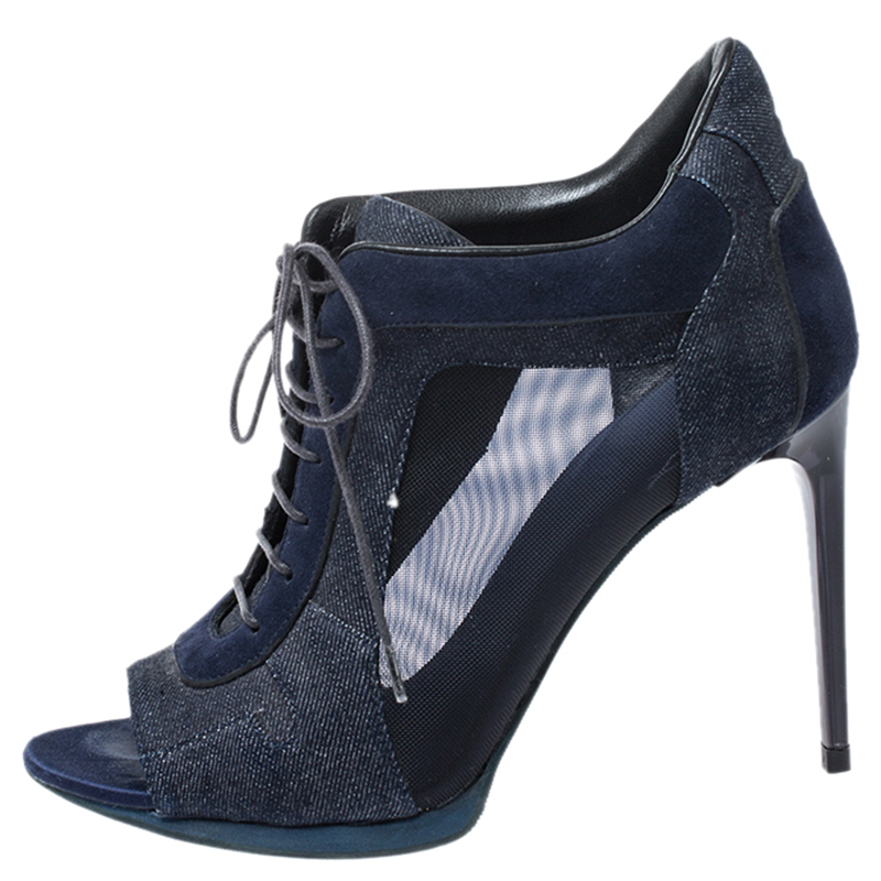 

Burberry Blue Suede, Denim And Mesh Lace Up Peep Toe Ankle Booties Size