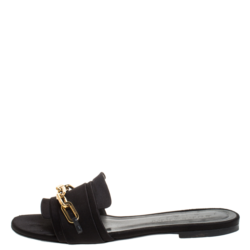 

Burberry Black Satin Chain Detail Flat Slides Size