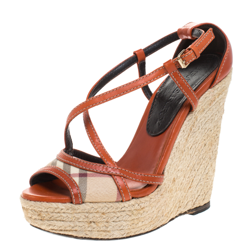 Burberry Orange Leather And Novacheck Canvas Espadrille Peep Toe Wedge Sandals Size 36