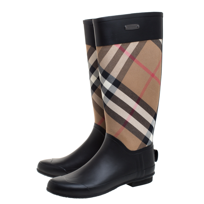 Burberry Black/Beige House Check Fabric and Rubber Clemence Rain Boots ...