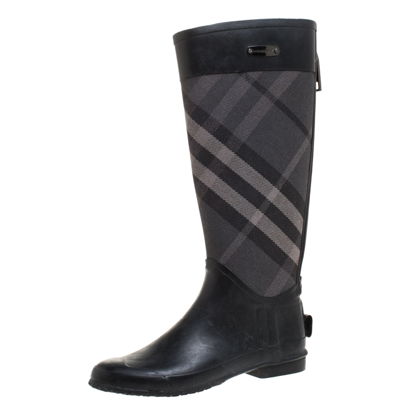 Burberry Black/Grey Smoke House Check Fabric and Rubber Zip Rain Boots Size 38