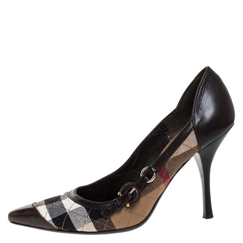 

Burberry Brown Leather And Nova Check Canvas Buckle Detail Pointed Toe Pumps Size, Multicolor
