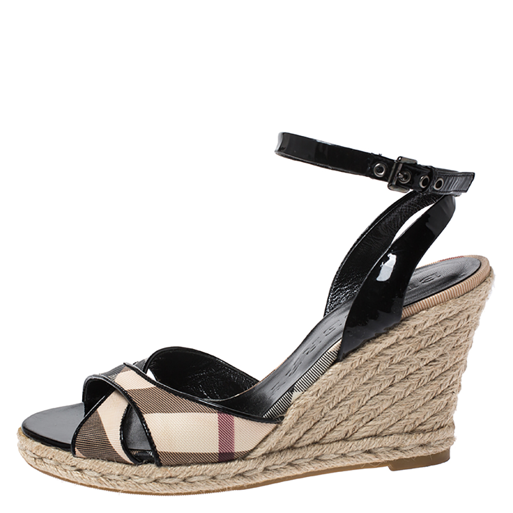 

Burberry Black Nova Check Patent Leather and PVC Ankle Strap Espadrille Wedges Size