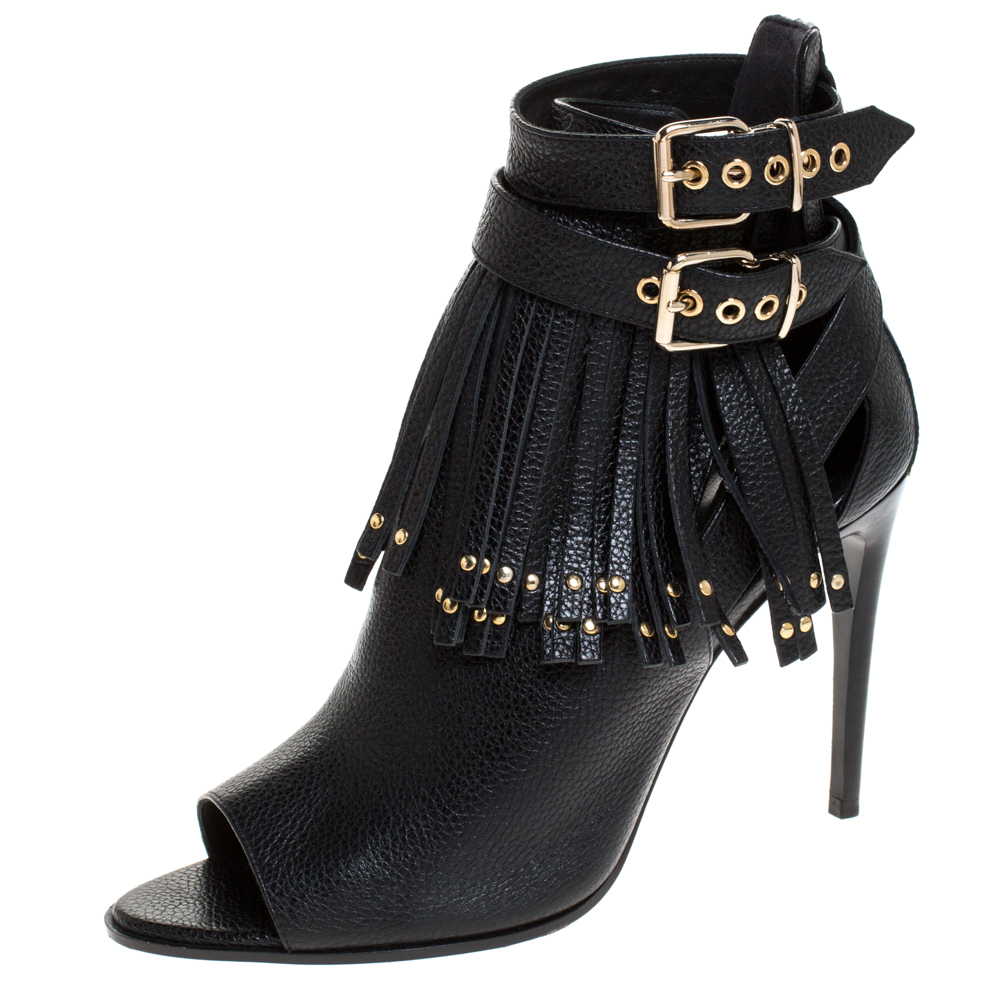Pre Owned Burberry Black Leather Overfield Fringe Open Toe Ankle Boots Size 39