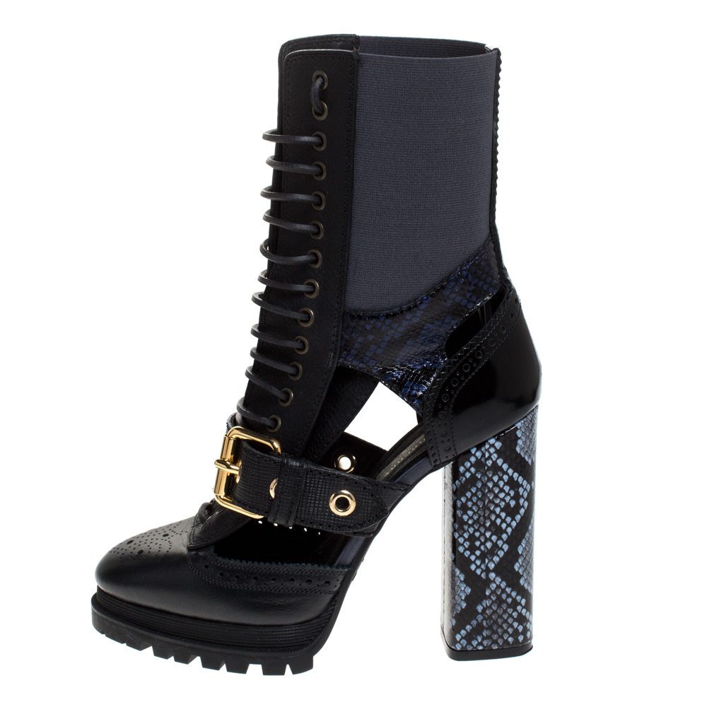 

Burberry Black/Blue Leather And Snake Skin Buckle Mid Calf Boots Size