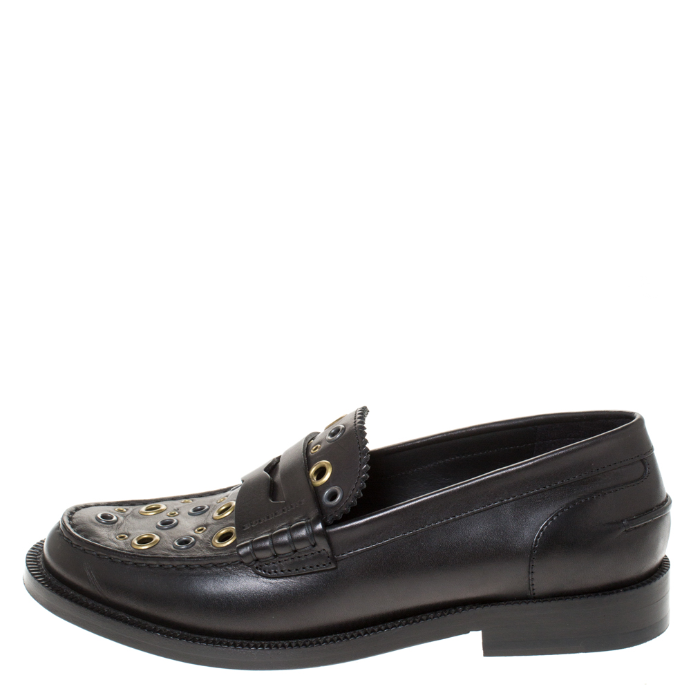 

Burberry Black Leather Bedmont Eyelet Detail Penny Loafers Size