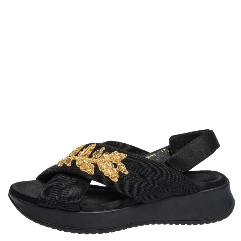 

Burberry Black/Gold Embroidered Fabric and Satin Actonshire Crisscross Sandals Size