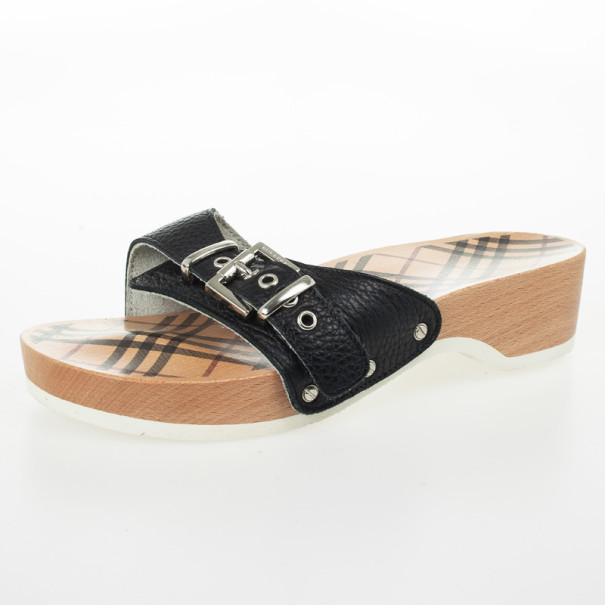 Burberry Black Leather Buckle Wooden Clogs Size 37 Burberry | TLC
