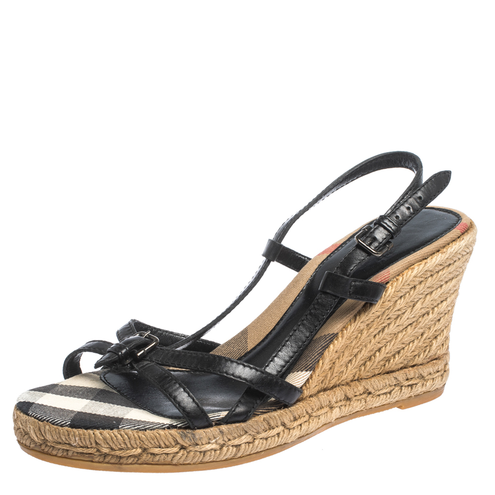 Pre-owned Burberry Black Leather Buckle Embellished Strappy Slingback Wedge Espadrilles Size 38