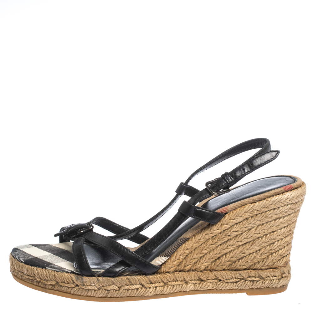 

Burberry Black Leather Buckle Embellished Strappy Slingback Wedge Espadrilles Size