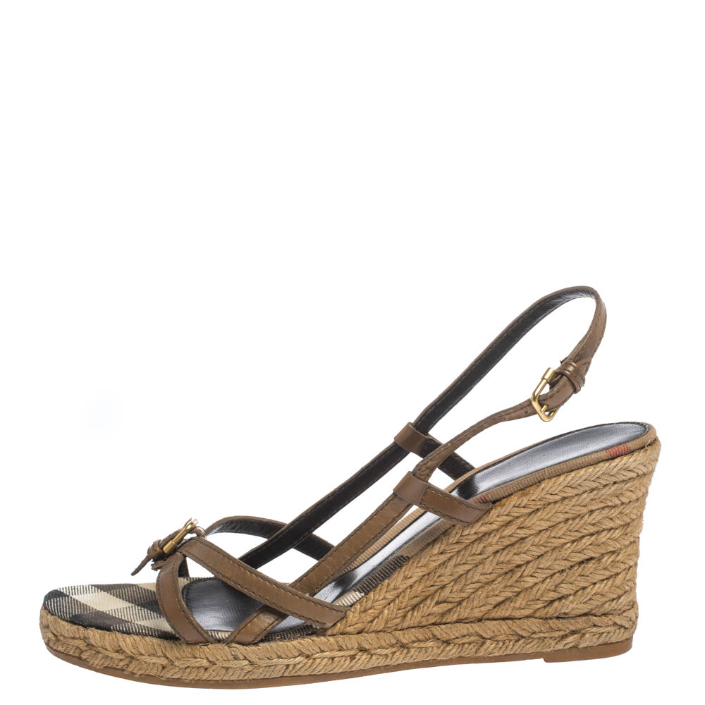 

Burberry Brown Criss Cross Leather and Check Canvas Espadrille Wedge Sandals Size