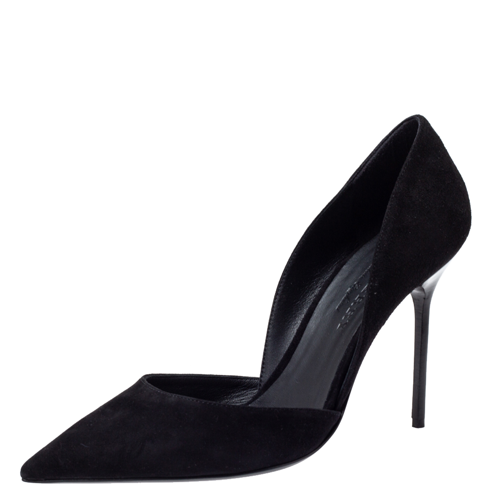 black suede pointed toe pumps