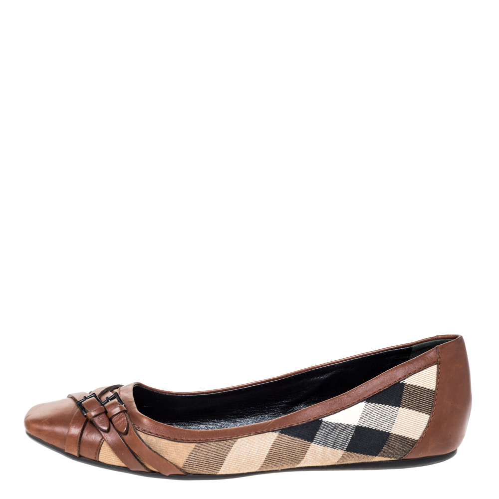 

Burberry Brown House Check Canvas and Leather Buckle Ballet Flats Size