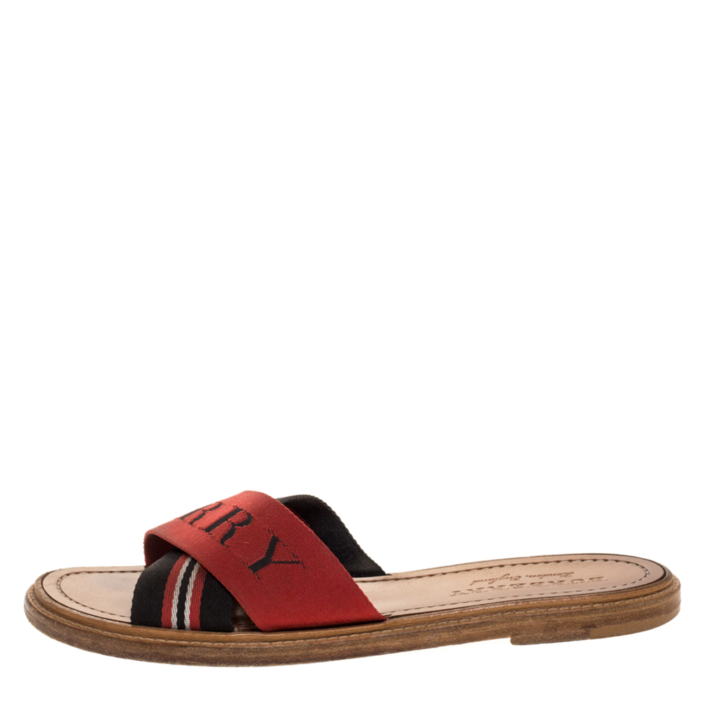 

Burberry Red/Black Nylon Foley Flat Logo Slide Sandals Size