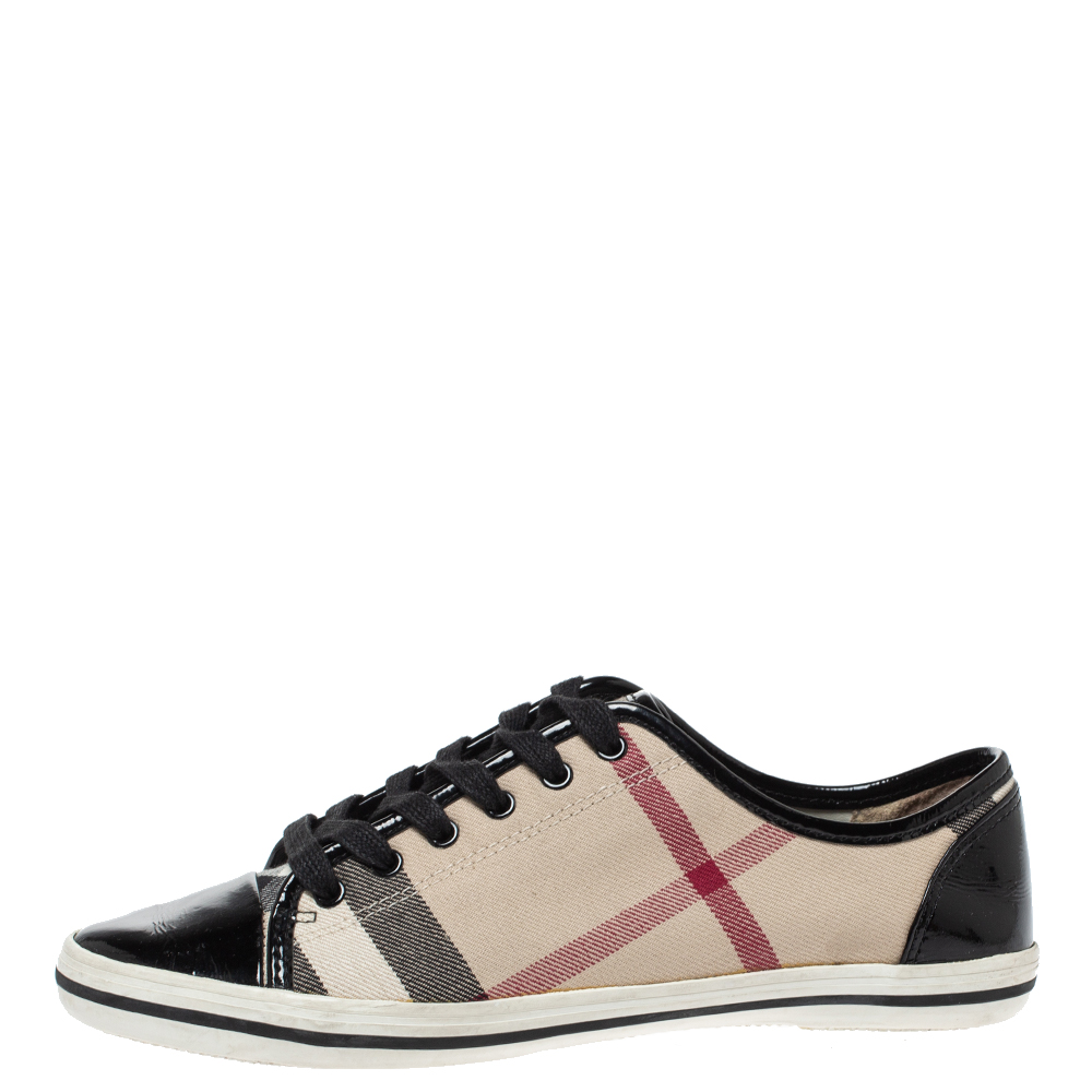

Burberry Beige/Black Nova Check Canvas and Patent Leather Lace Up Sneakers Size
