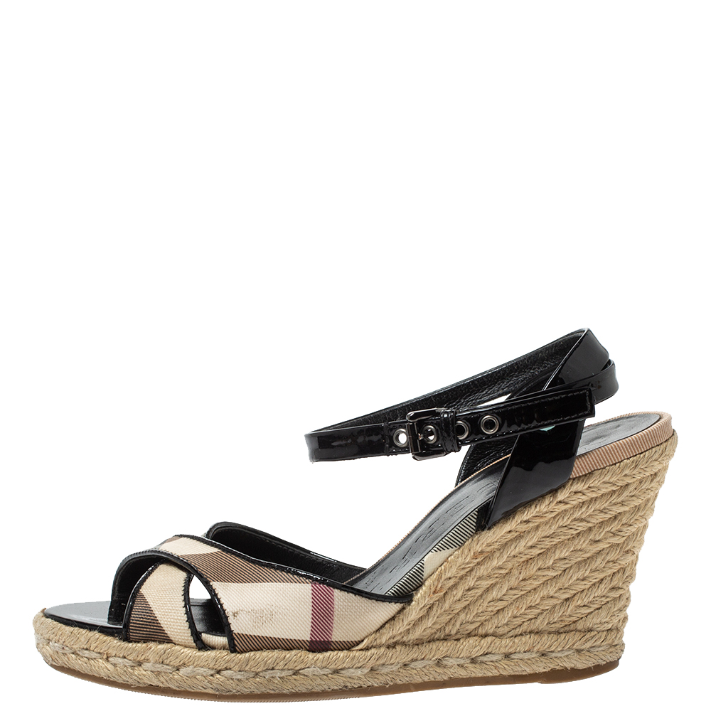 

Burberry Black Patent And Novacheck Cross Strap Espadrille Wedge Sandals Size