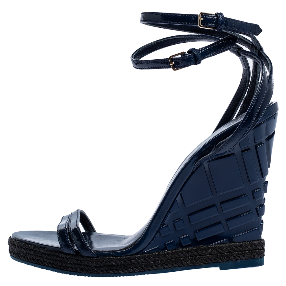 

Burberry Navy Blue Patent Leather Strappy Wedge Sandals Size