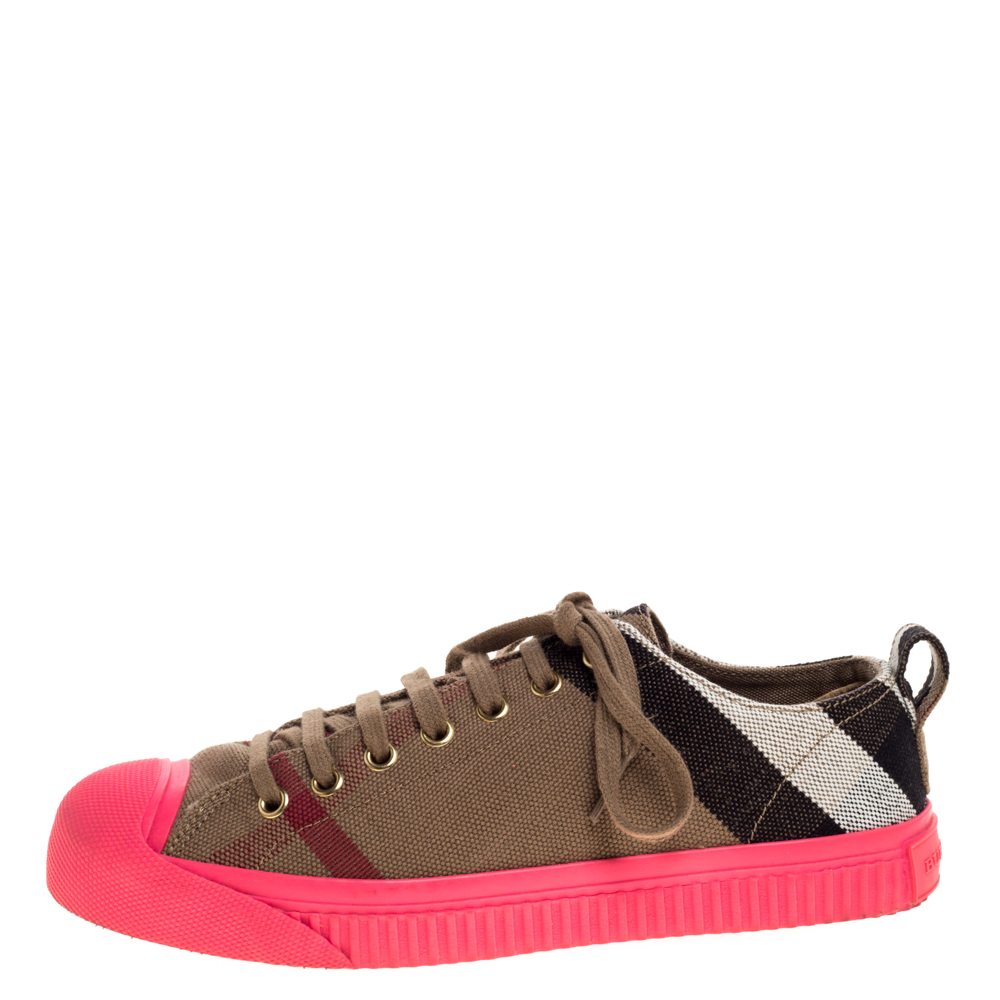 

Burberry Pink/Beige Check Canvas And Rubber Low Top Sneakers Size, Brown