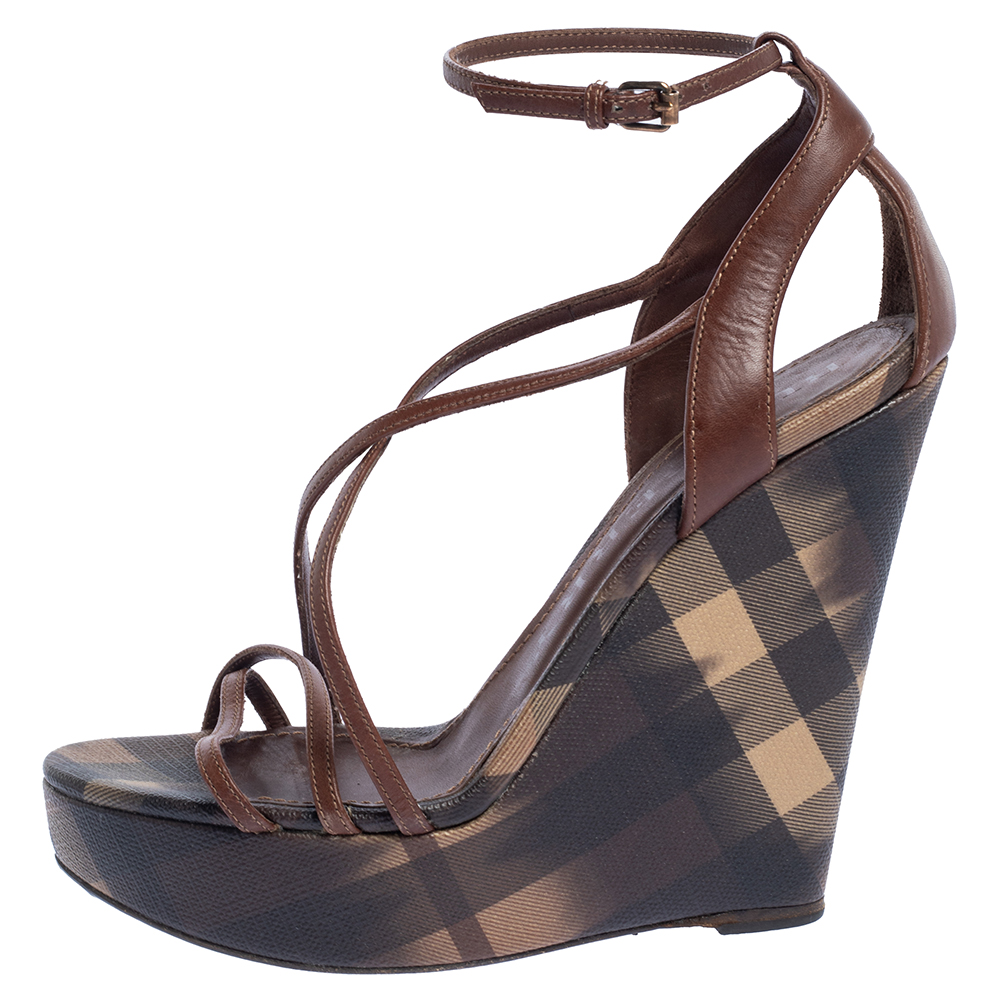 

Burberry Brown Leather And Canvas Strappy Wedge Platform Ankle Strap Sandals Size