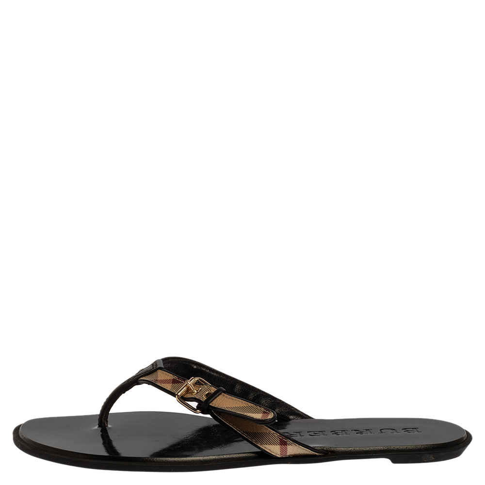 

Burberry Black Leather and House Check Canvas Masie Belted Check Thong Sandals Size