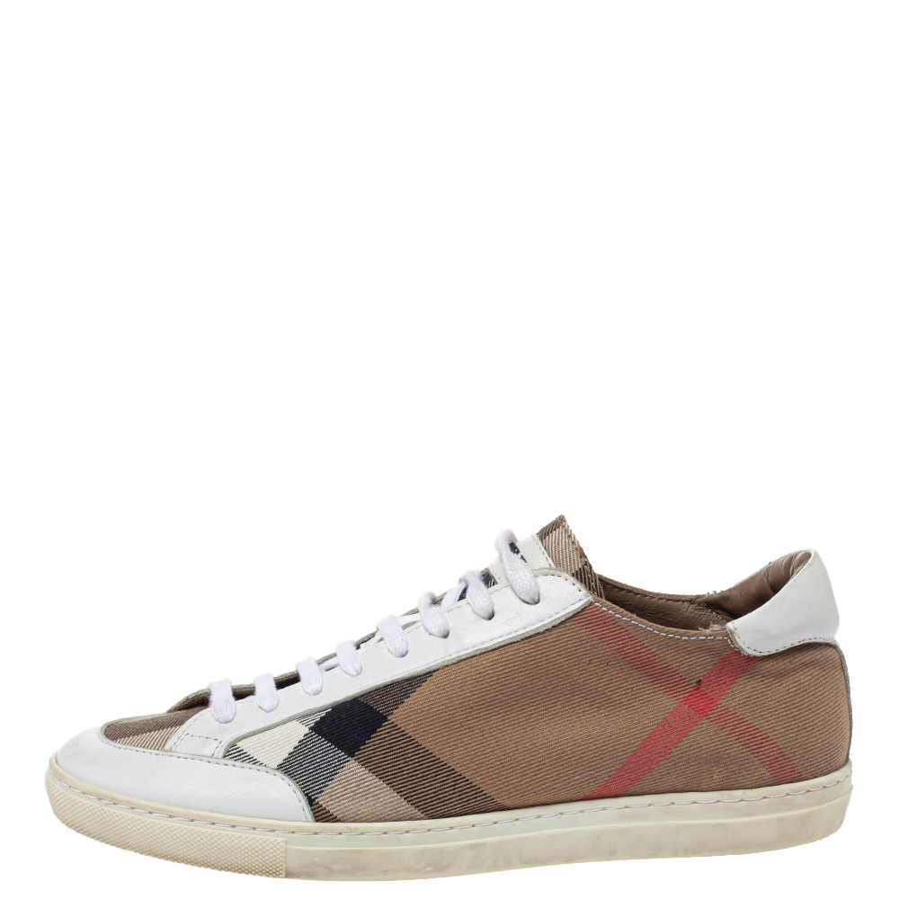 

Burberry Brown Nova Check Canvas And White Leather Low Top Sneakers Size