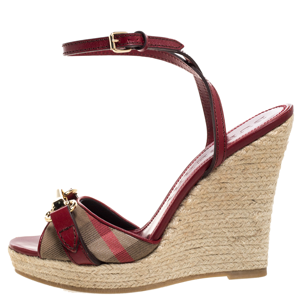 

Burberry Red Leather and House Check Canvas Tenbury Ankle Strap Wedge Platform Sandals Size