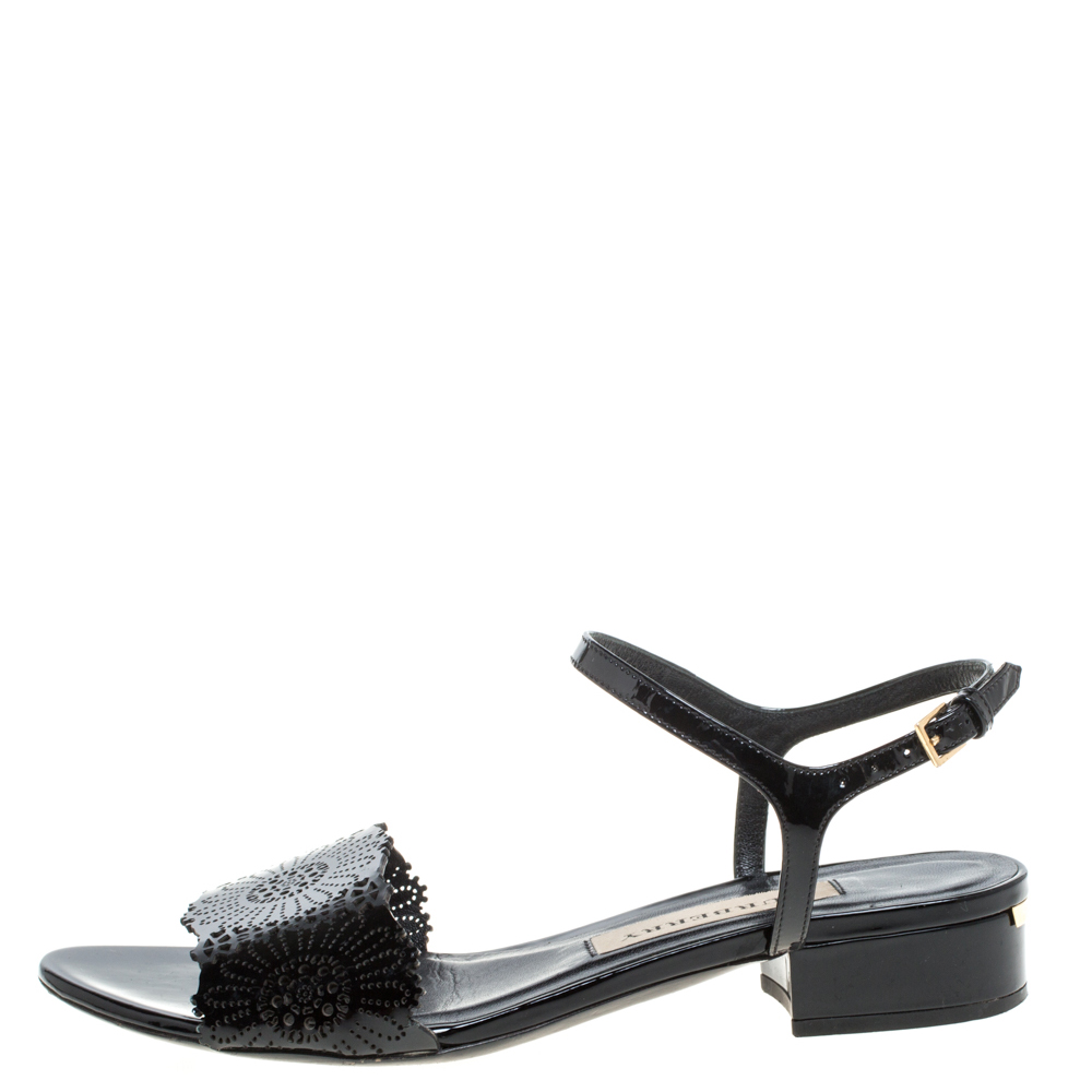 

Burberry Black Patent Leather Laser Cut Ankle Strap Flat Sandals Size