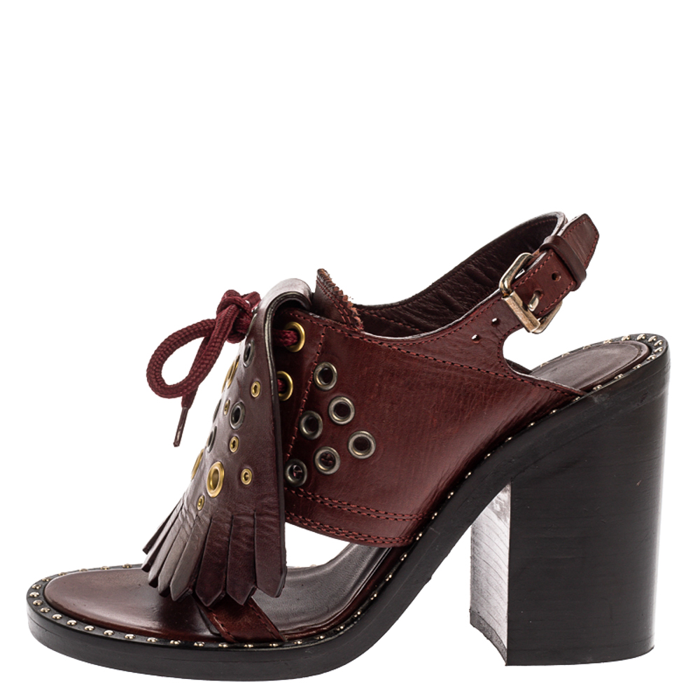 

Burberry Burgundy Leather Beverley Eyelet Fringe Detail Block Heel Sandals Size