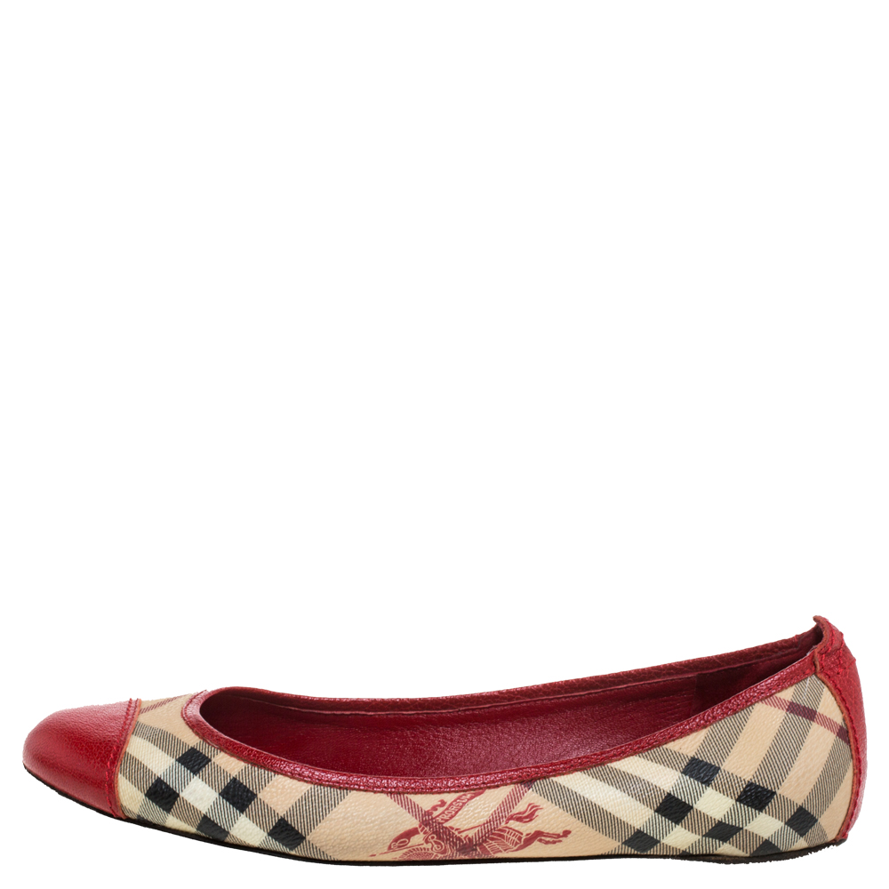 

Burberry Beige/Red Coated Canvas And Leather Round Cap Toe Ballet Flats Size