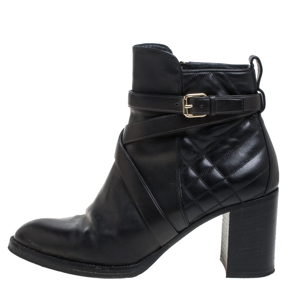 

Burberry Black Quilted Leather Buckle Ankle Boots Size