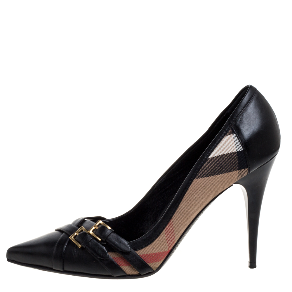 

Burberry Black Leather And Novacheck Canvas Buckle Detail Pointed Toe Pumps Size