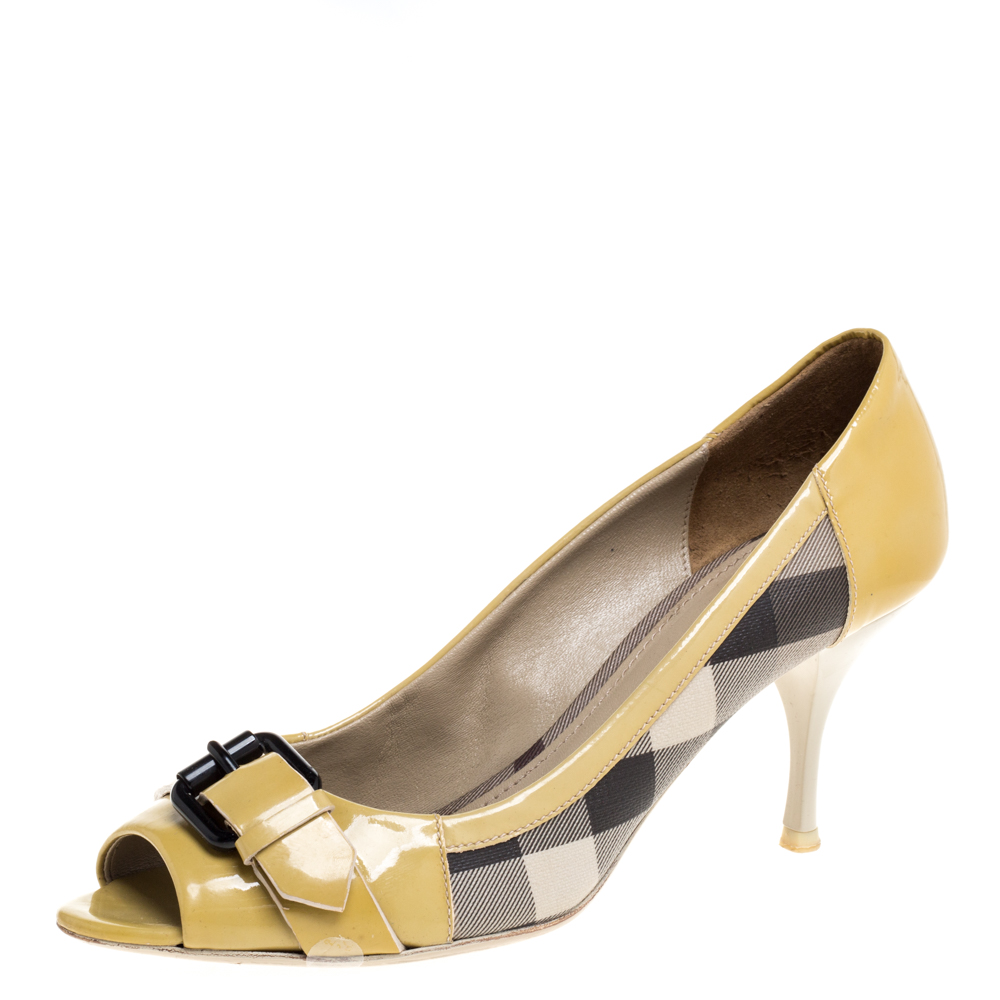 

Burberry Yellow/Beige Check PVC and Patent Leather Buckle Peep Toe Pumps Size