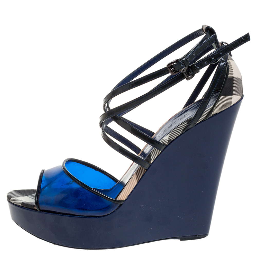 

Burberry Blue Patent Leather, PVC and Check Canvas Ankle Strap Wedge Platform Sandals Size