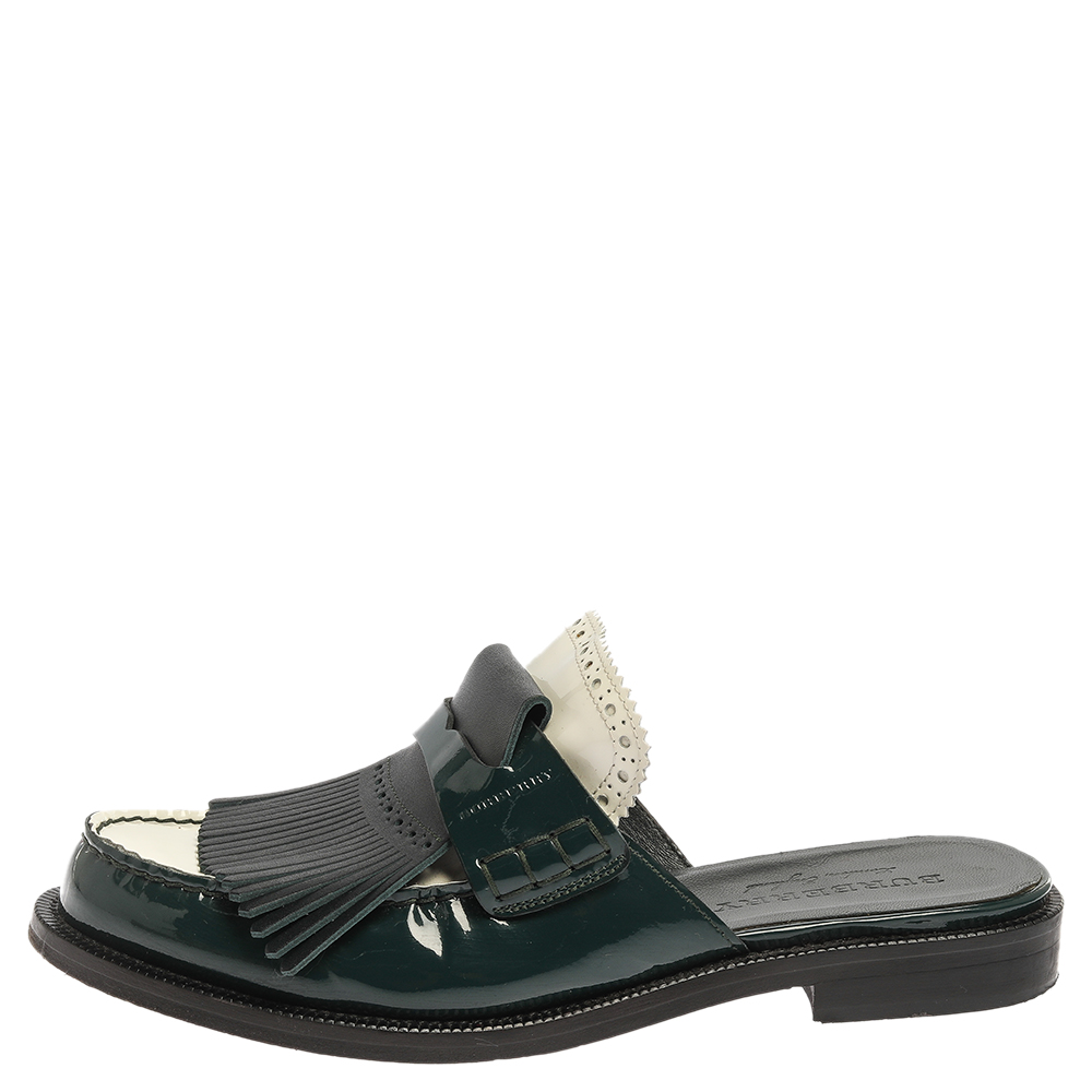 

Burberry Green Leather And Patent Leather Beckshill Leather Fringe Mules Size