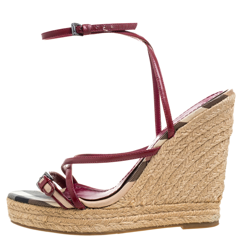 

Burberry Burgundy Patent Leather Espadrille Wedge Sandals Size