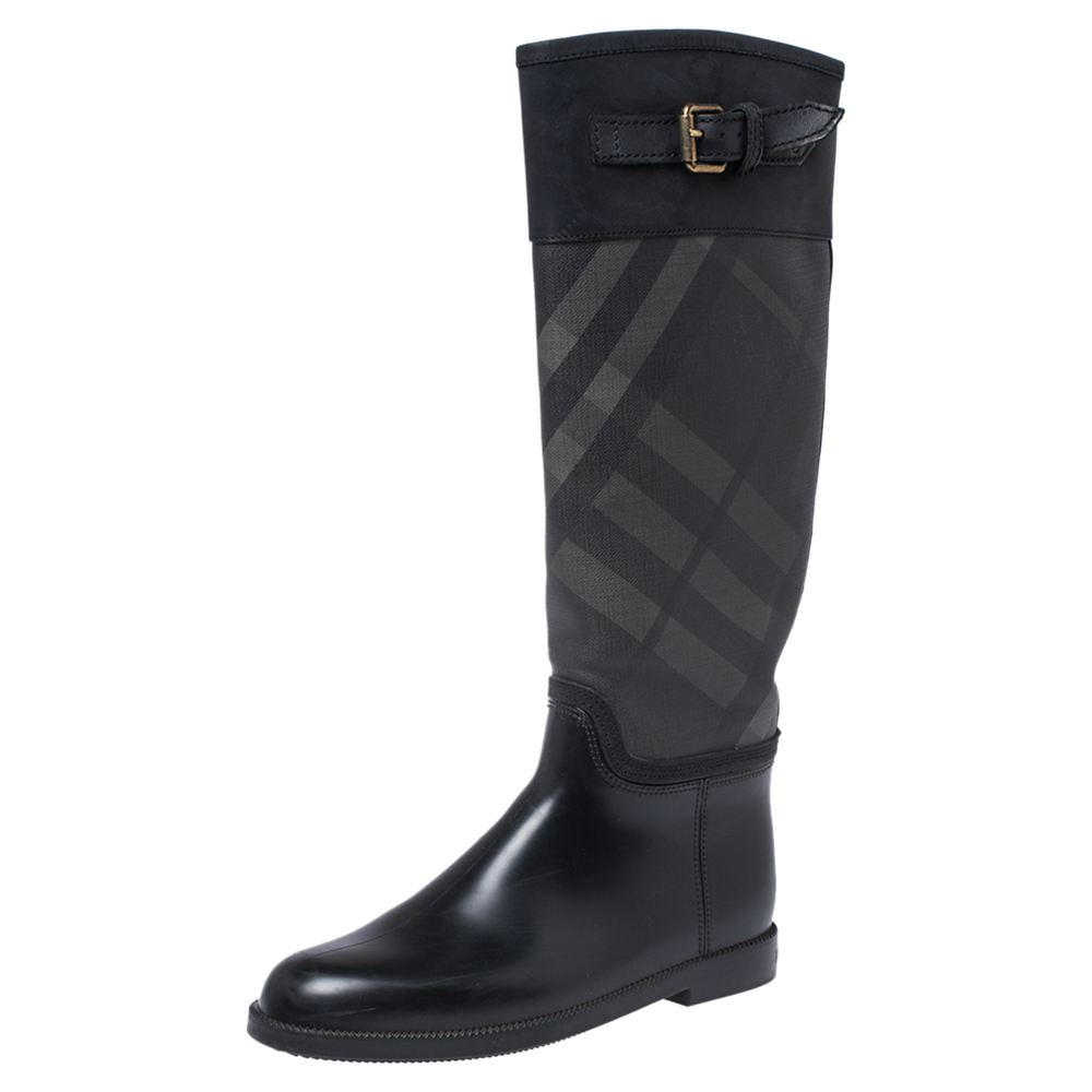 Pre Owned Burberry Black Rubber, Leather and Beat Check Coated Canvas Rain Boots Size 40