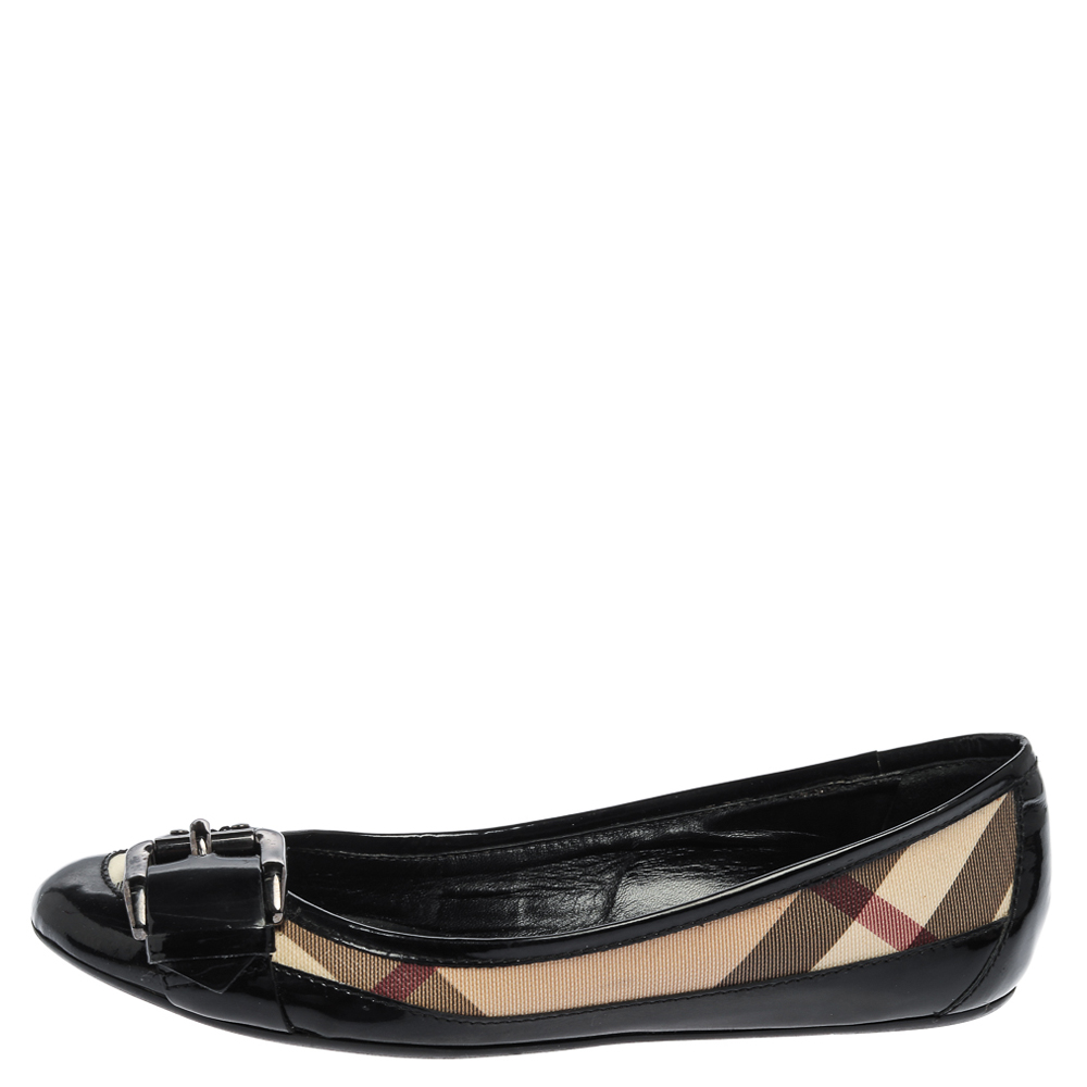 

Burberry Black Patent Leather And Coated Canvas Nova Check Buckle Detail Ballet Flats Size