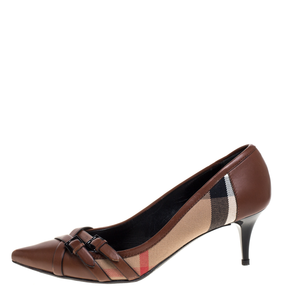 

Burberry Brown Housecheck Canvas and Leather Pointed Toe Buckle Pumps Size