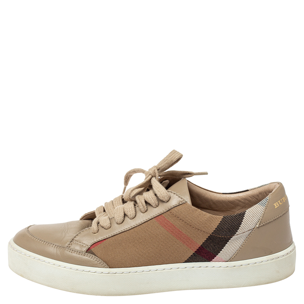 

Burberry Beige Leather and Nova Check Canvas Low Top Sneakers Size